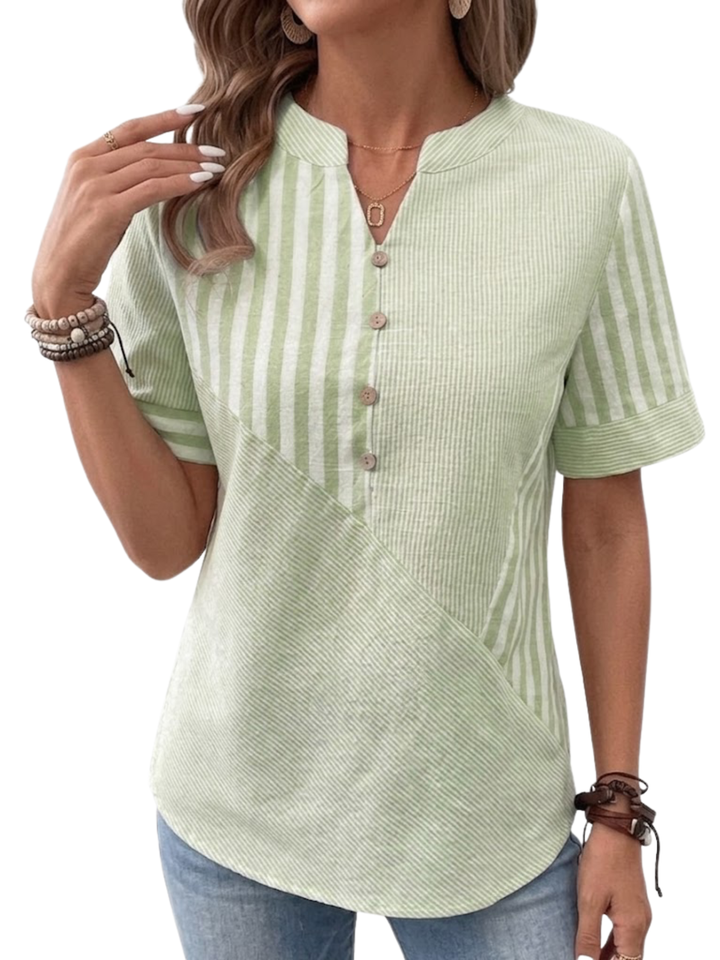 Women's Woven Mixed Direction Stripe Panel Short Sleeve Notch Neck Half Button Placket Curved Hem Relaxed Blouse