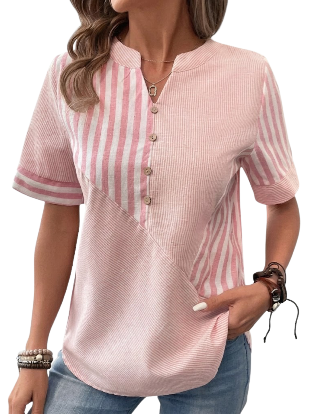 Women's Woven Mixed Direction Stripe Panel Short Sleeve Notch Neck Half Button Placket Curved Hem Relaxed Blouse