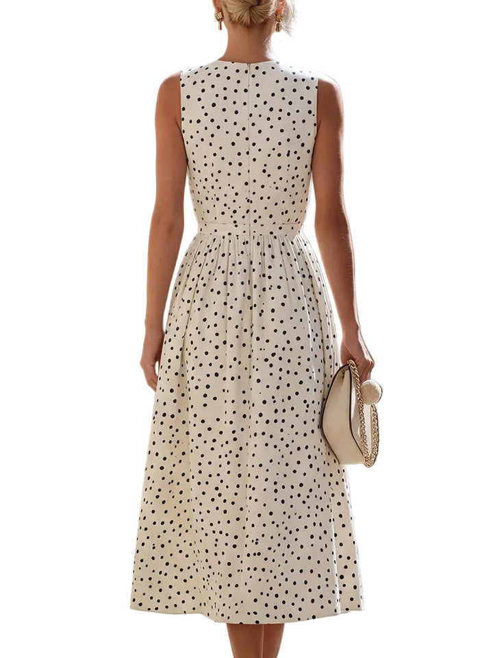 Women's Woven Polka Dot Sleeveless Round Neck Fitted Bodice Gathered Waist Full A-Line Midi Dress
