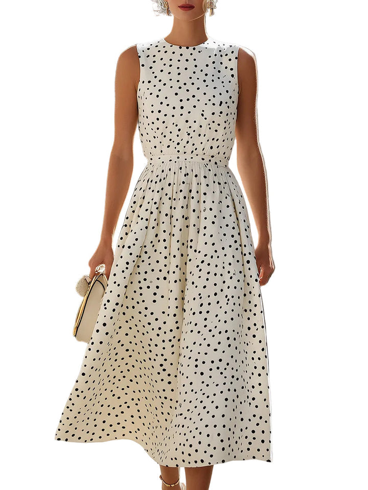 Women's Woven Polka Dot Sleeveless Round Neck Fitted Bodice Gathered Waist Full A-Line Midi Dress