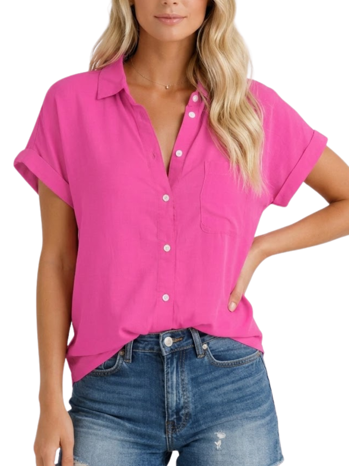 Women's Woven Short Sleeve Oversized Button Down Single Chest Pocket Curved Hem Shirt
