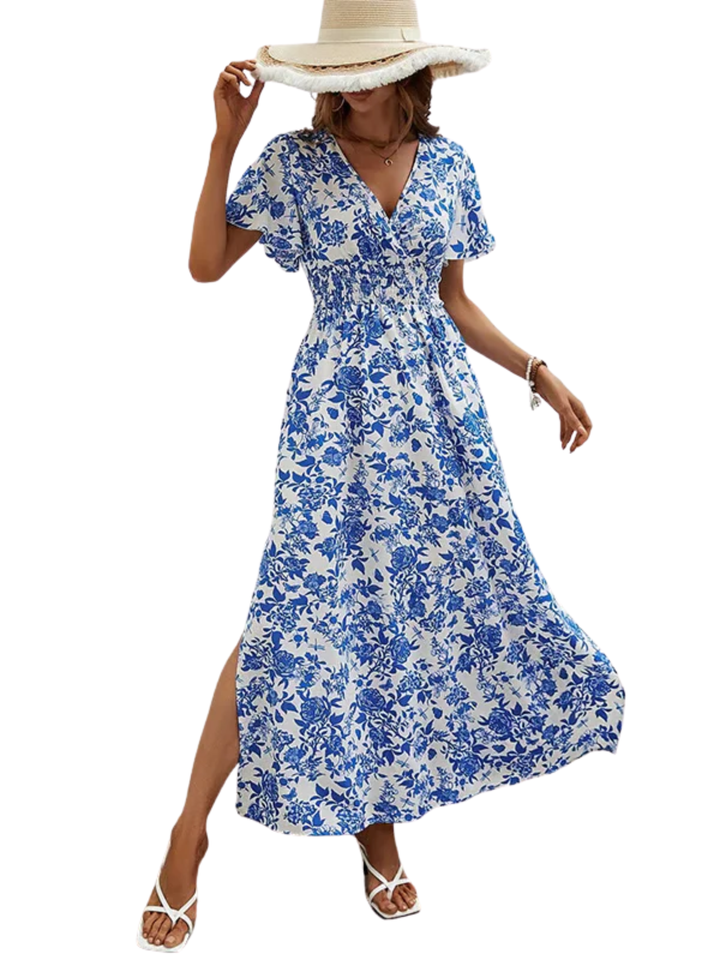 Women's Wrap V Neck Short Flutter Sleeve Smocked Elastic Waist Dense All Over Botanical Floral Print Side Split A-Line Maxi Dress