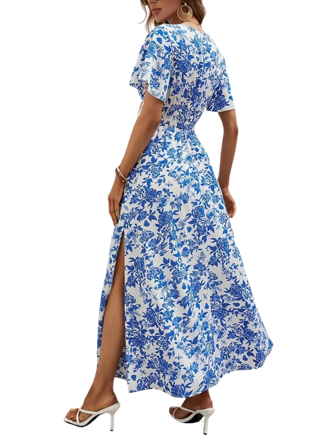 Women's Wrap V Neck Short Flutter Sleeve Smocked Elastic Waist Dense All Over Botanical Floral Print Side Split A-Line Maxi Dress